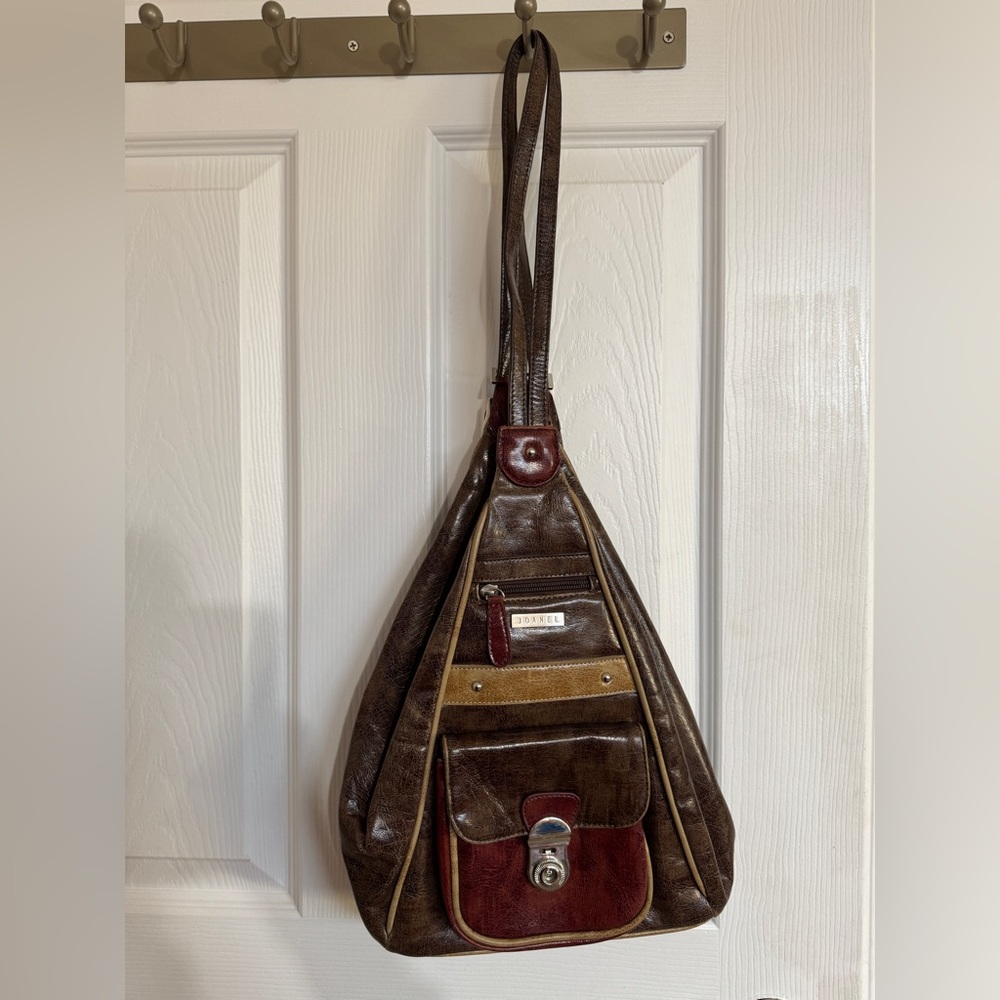 Joanel brown patchwork leather backpack sling bag Y2K